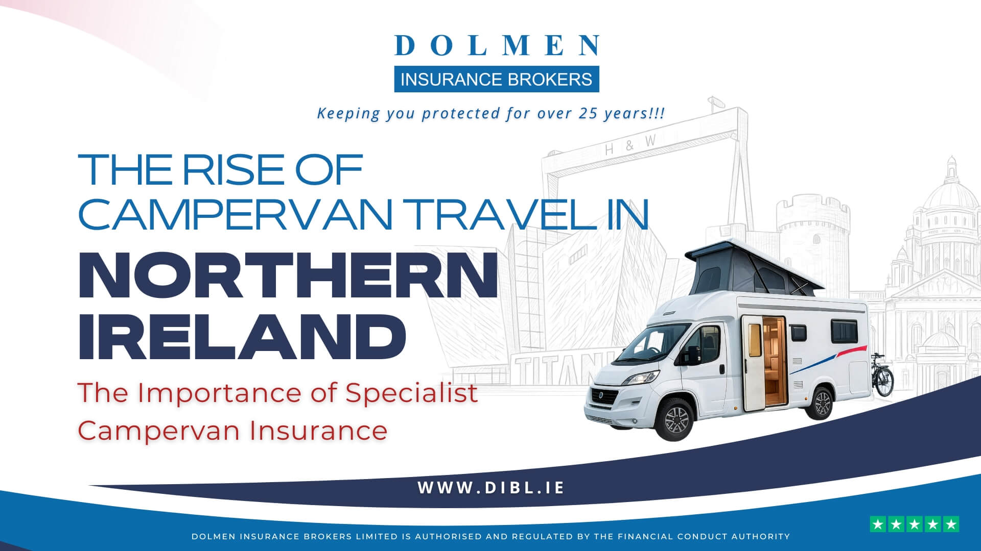 image of Campervan and sketch of Northern Ireland landmarks. Text on left says The Rise of Campervan Travel in Northern Ireland